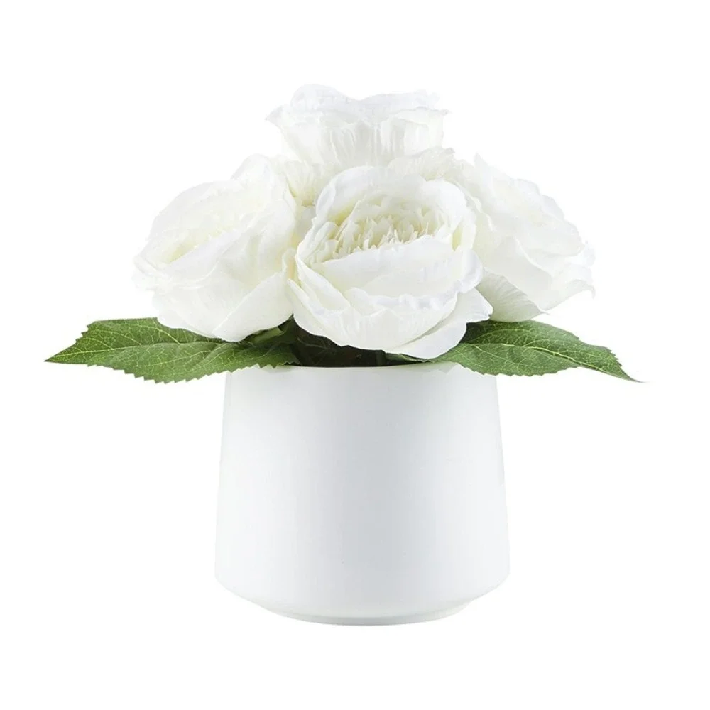 White Faux Rose Floral Arrangement in Ceramic Vase 13